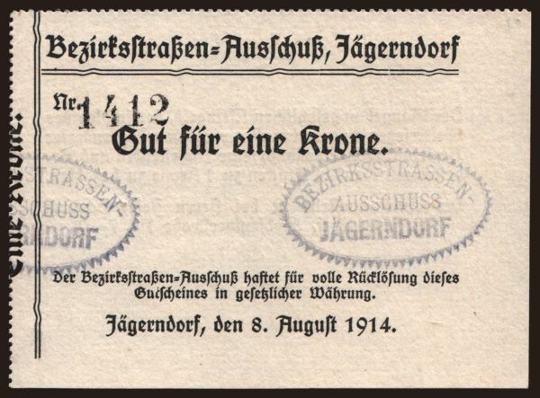 Česko-Slovensko a nástupní­cke štáty, Lokálne vydania: Jägerndorf, 1 Krone, 1914