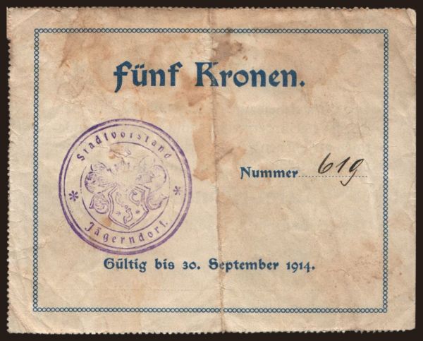 Česko-Slovensko a nástupní­cke štáty, Lokálne vydania: Jägerndorf, 5 Kronen, 1914