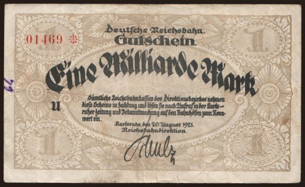 Nemecko, Deutsche Reichsbahn / Reichspost: Karlsruhe, 1.000.000.000 Mark, 1923