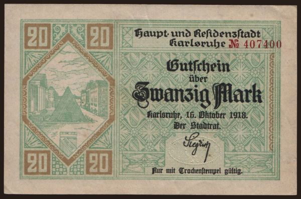 Germany, Grossgeld, Inflation, 1918-1920: Karlsruhe/ Stadt, 20 Mark, 1918