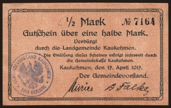 Russia, Emergency - Northwest Russia: Kaukehmen (Jasnoje), 1/2 Mark, 1917