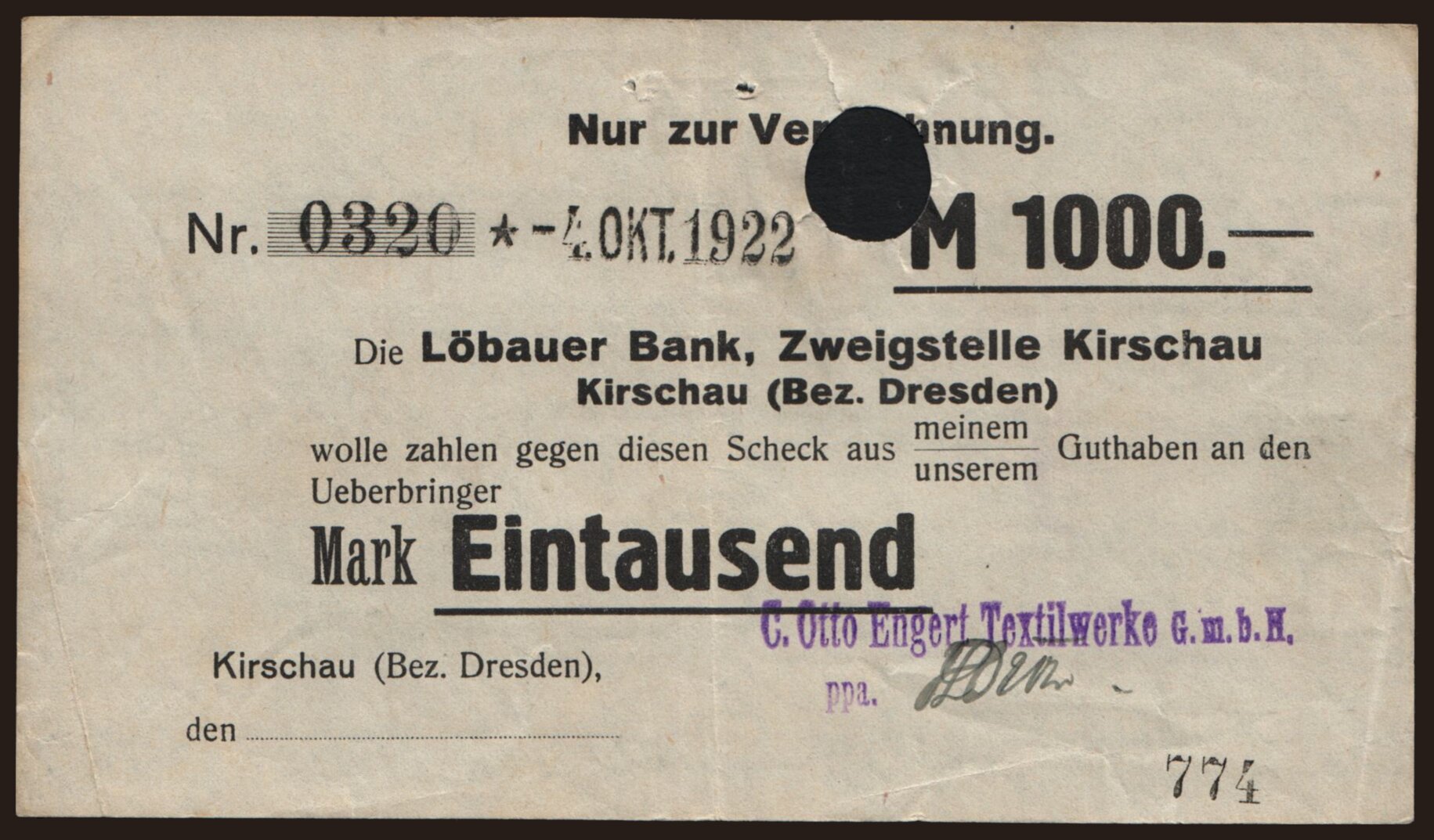 Kirschau/ C. Otto Engert, Textilwerke G.m.b.H., 1000 Mark Kirschau/ C. Otto Engert, Textilwerke G.m.b.H., 1000 Mark