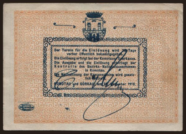 Czechoslovakia and successor states, Local issues: Komotau, 5 Kronen, 1918