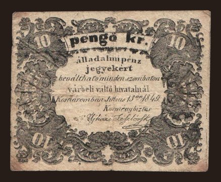 Hungary, Local issues, 1848-1860: Komárom, 10 krajcár, 1849