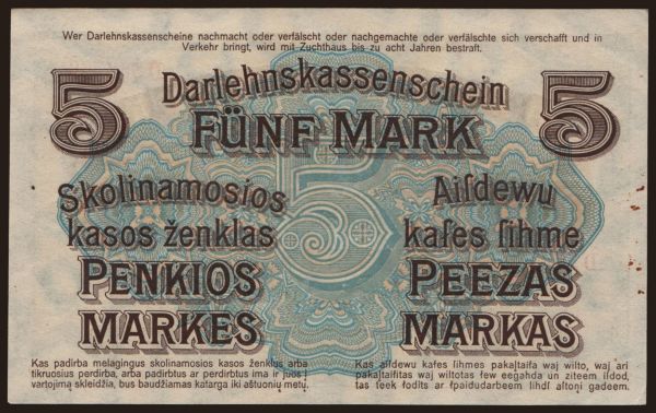 Nemecko, Okupácia (1914-1918): Kowno, 5 Mark, 1918