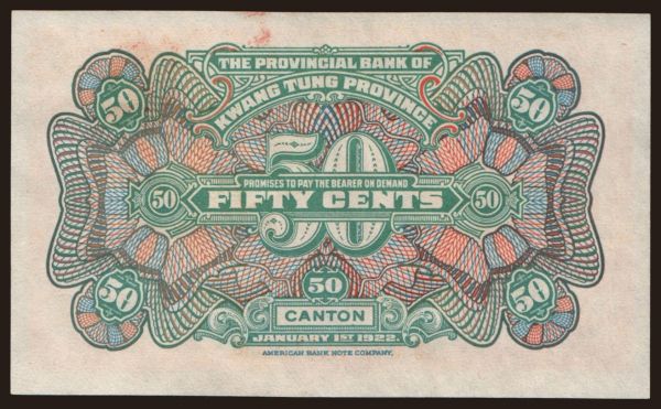 Asia, China, Provincial Banks: Kwangtung Provincial Bank, 50 cents, 1922