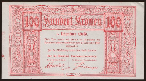 Rakúsko a Rakúsko-Uhorsko, Notgeld - Kronen (1914-1923): Kärnten, 100 Kronen, 1918