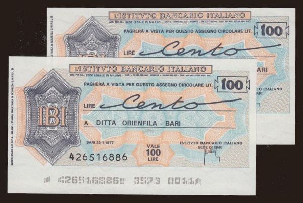 Európa, Olaszország, Olaszország - Miniassegni, 1977: L Istituto Bancario Italiano, 100 lire, 1977, (2x)