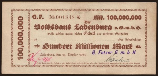 Németország, Grossgeld, Inflation, 1923: Ladenburg/ G. Fetzer G.m.b.H., 100.000.000 Mark, 1923