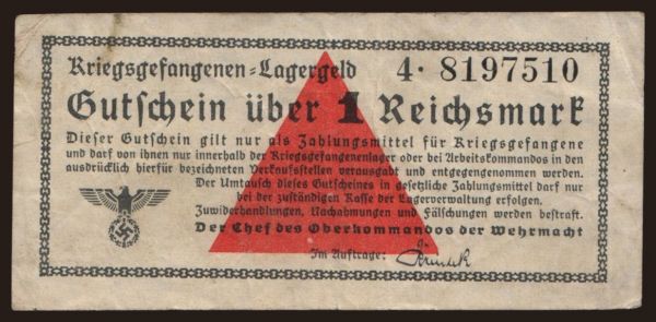 Germany, Occupation & Military (1939-1945): Lagergeld, 1 Reichsmark, 1939