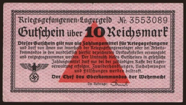 Nemecko, Okupačné & Vojenské (1939-1945): Lagergeld, 10 Reichsmark, 1939