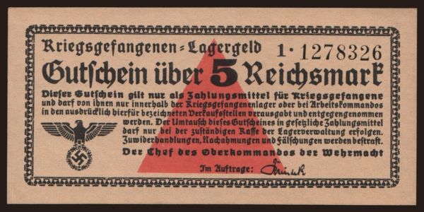 Németország, Megszállási és katonai (1939-1945): Lagergeld, 5 Reichsmark, 1939