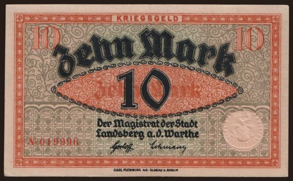 Germany, Grossgeld, Inflation, 1918-1920: Landsberg a. d. Warthe/ Stadt, 10 Mark, 1918