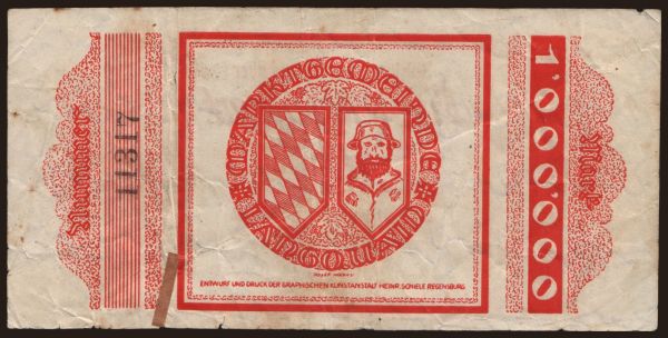 Germany, Grossgeld, Inflation, 1923: Langquaid/ Marktsparkasse, 1.000.000 Mark, 1923