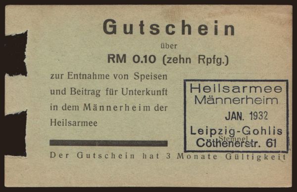 Nemecko, Notgeld, 1924-1948: Leipzig-Gohlis/ Heilsarmee Männerheim, 10 Reichspfennig, 1932