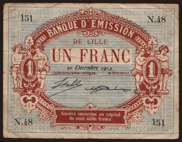 Europe, France, France - Local issues: Lille, 1 franc, 1914