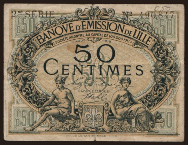 Európa, Francúzsko, Francúzsko - Núdzovky: Lille, 50 centimes, 1915