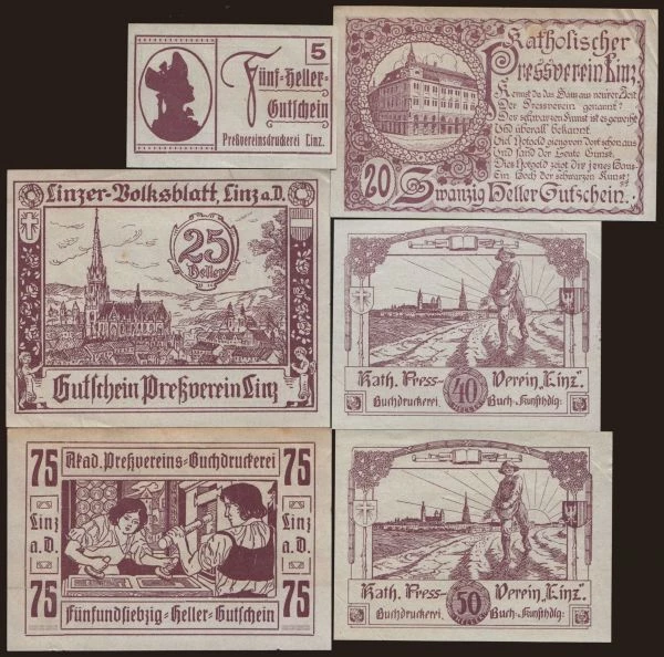 Austria and Austro-Hungary, Notgeld - Heller, Firmen (1918-1923): Linz/ Pressverein Linz, 5, 20, 25, 40, 50, 75 Heller, 192?