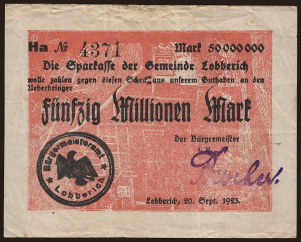 Germany, Grossgeld, Inflation, 1923: Lobberich/ Bürgermeisteramt, 10.000.000 Mark, 1923