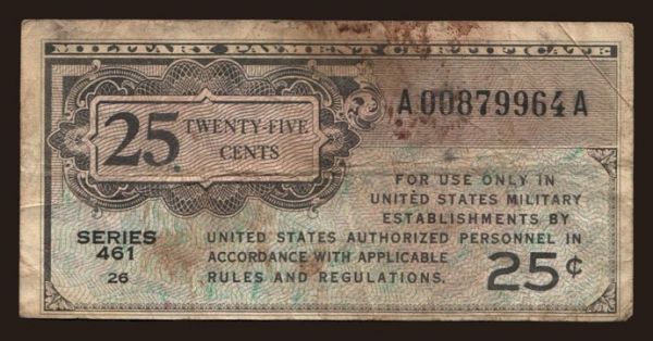 Amerika, USA, USA - Military Payment Certificate: MPC, 25 cents, 1946