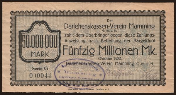 Nemecko, Grossgeld, Inflation, 1923: Mamming/ Darlehenskassen-Verein Mamming G.m.u.H., 50.000.000 Mark, 1923