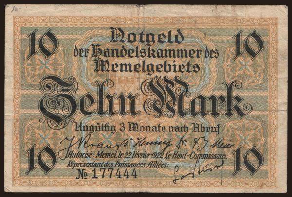 Europe, Memel: Memel, 10 Mark, 1922