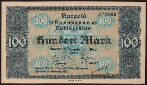 Europe, Memel: Memel, 100 Mark, 1922