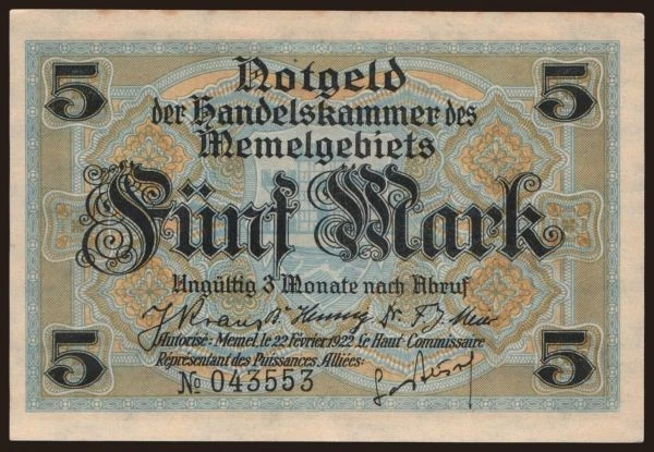 Európa, Memel: Memel, 5 Mark, 1922