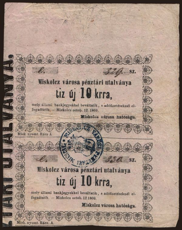 Hungary, Local issues, 1848-1860: Miskolc, 10 krajcár, 1860