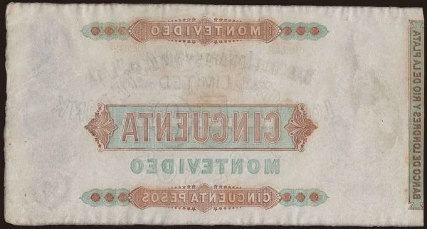 America, Uruguay: Montevideo/ Banco de Londres y Rio de la Plata, 50 pesos, 1872