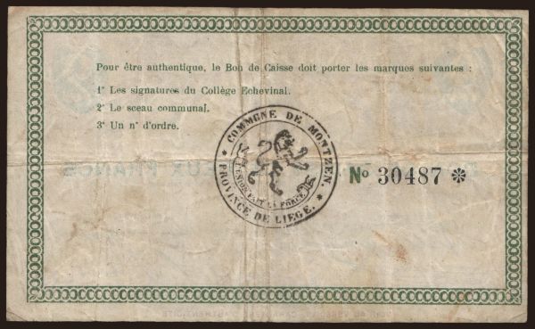 Európa, Belgicko, Belgicko - Núdzové vydania: Montzen, 2 francs, 1914