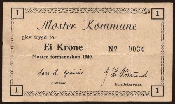 Európa, Nórsko: Moster Kommune, 1 krone, 1940