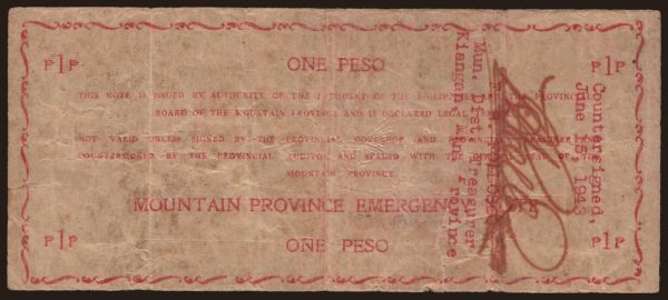 Ázsia, Fülöp-szigetek, Fülöp-szigetek - Szükségpénzek: Mountain Province, 1 peso, 1942