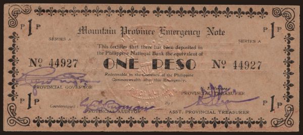 Asia, Philippines, Philippines - Emergency issues: Mountain Province, 1 peso, 1942