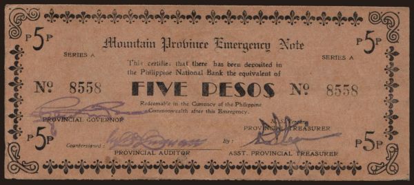 Ázia, Filipí­ny, Filipí­ny - Núdzové vydania: Mountain Province, 5 pesos, 1942