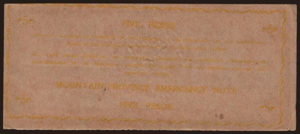 Ázia, Filipí­ny, Filipí­ny - Núdzové vydania: Mountain Province, 5 pesos, 1942