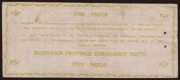 Ázsia, Fülöp-szigetek, Fülöp-szigetek - Szükségpénzek: Mountain Province, 5 pesos, 1942