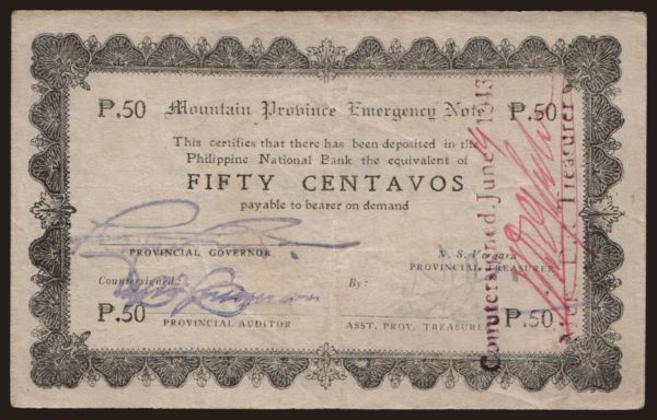 Ázsia, Fülöp-szigetek, Fülöp-szigetek - Szükségpénzek: Mountain Province, 50 centavos, 1942