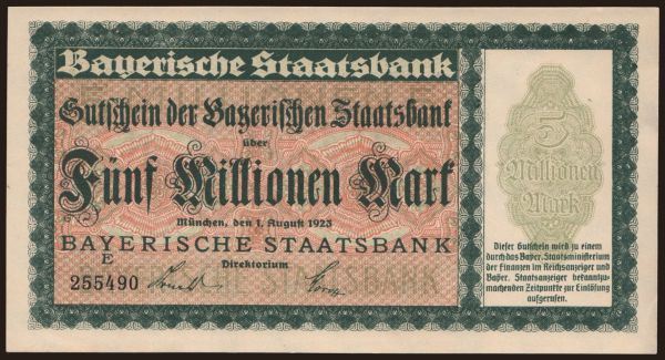 Németország, Grossgeld, Inflation, 1923: München/ Bayerische Staatsbank, 5.000.000 Mark, 1923