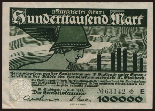 Nemecko, Grossgeld, Inflation, 1923: München-Gladbach/ Handelskammer, 500.000 mark, 1923