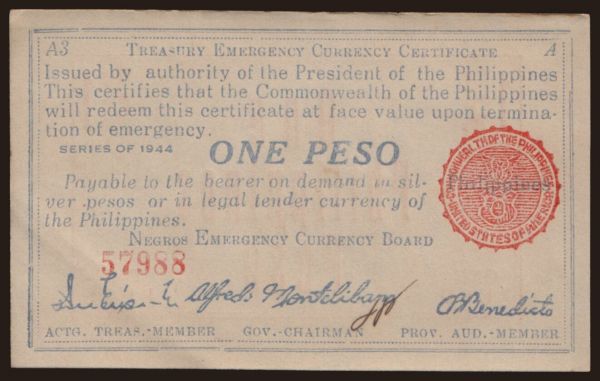 Asia, Philippines, Philippines - Emergency issues: Negros, 1 peso, 1944