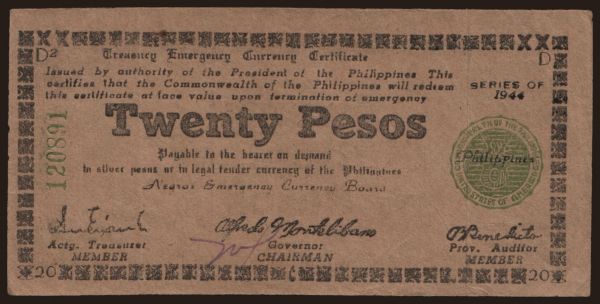 Ázsia, Fülöp-szigetek, Fülöp-szigetek - Szükségpénzek: Negros, 20 pesos, 1944