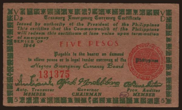 Asia, Philippines, Philippines - Emergency issues: Negros, 5 pesos, 1944