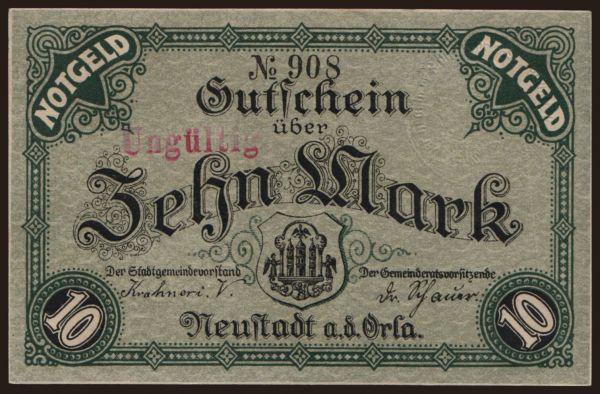 Nemecko, Grossgeld, Inflation, 1918-1920: Neustadt a.d. Orla/ Stadt, 10 Mark, 1918