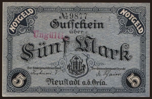 Németország, Grossgeld, Inflation, 1918-1920: Neustadt a.d. Orla/ Stadt, 5 Mark, 1918