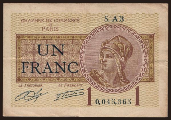 Európa, Francúzsko, Francúzsko - Núdzovky: Paris, 1 franc, 1920