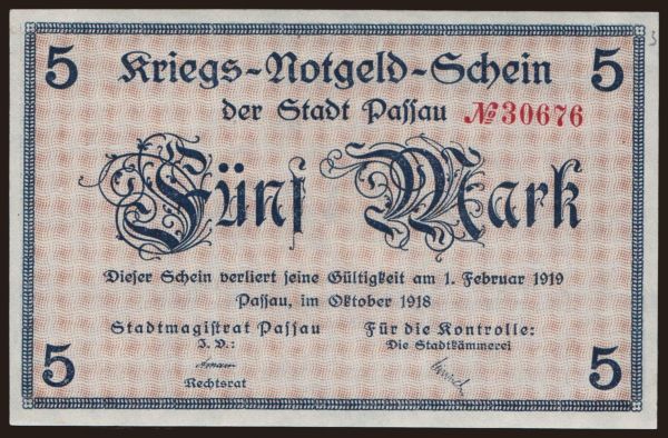 Nemecko, Grossgeld, Inflation, 1918-1920: Passau/ Stadt, 5 Mark, 1918