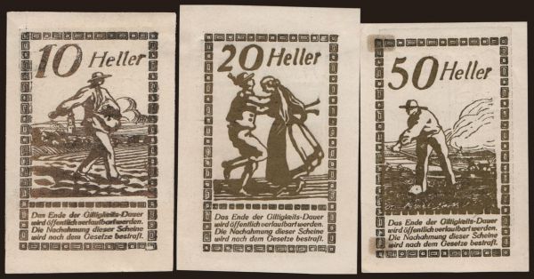 Rakúsko a Rakúsko-Uhorsko, Notgeld - Heller, obce (1918-1923): Pischelsdorf, 10, 20, 50 Heller, 1920