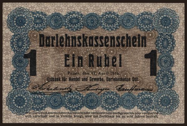 Germany, Occupation (1914-1918): Posen, 1 Rubel, 1916