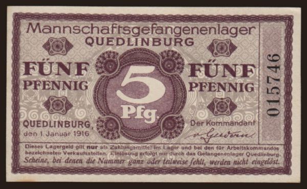 Germany, Kriegsgefangenenlager, 1915-1918: Quedlinburg, 5 Pfennig, 1916